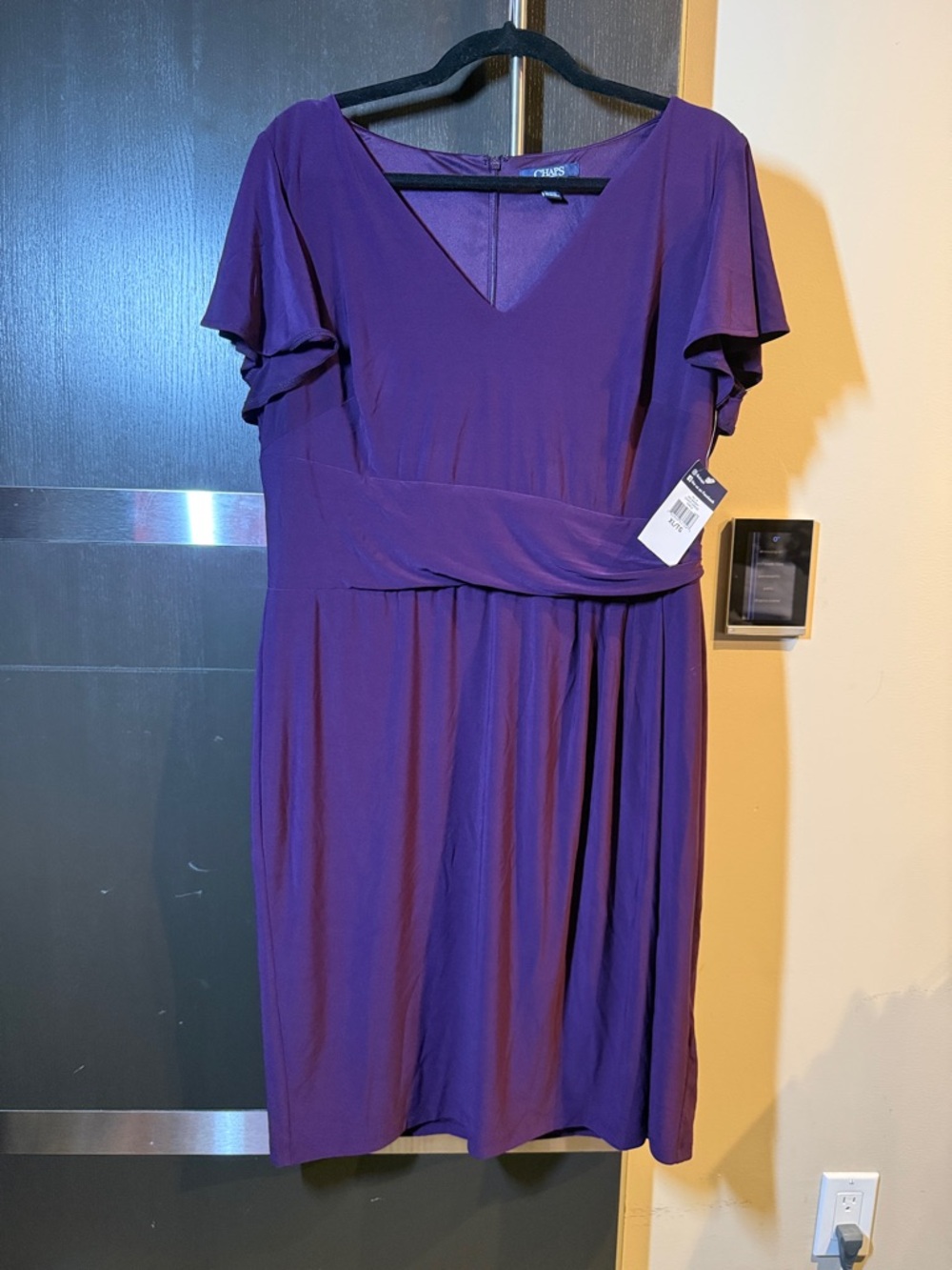 Chaps Purple V-Neck Midi Dress with Waistband Detail
